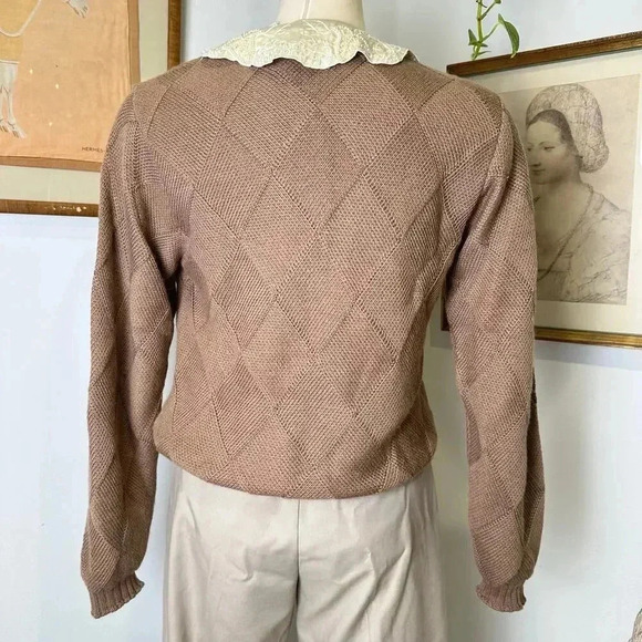 Vintage Baby Alpaca Knit Sweater Textured Diamond Pattern Beige Pullover Size S - Picture 4 of 6